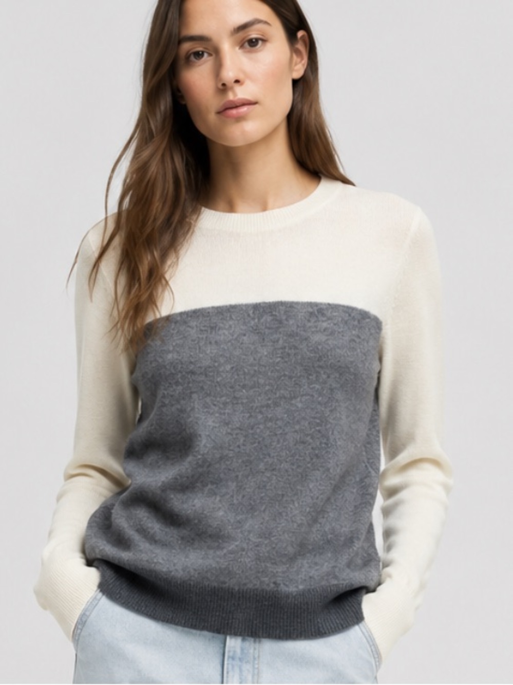 Theory Ella Color Block Crew Neck Sweater in Cream and Grey